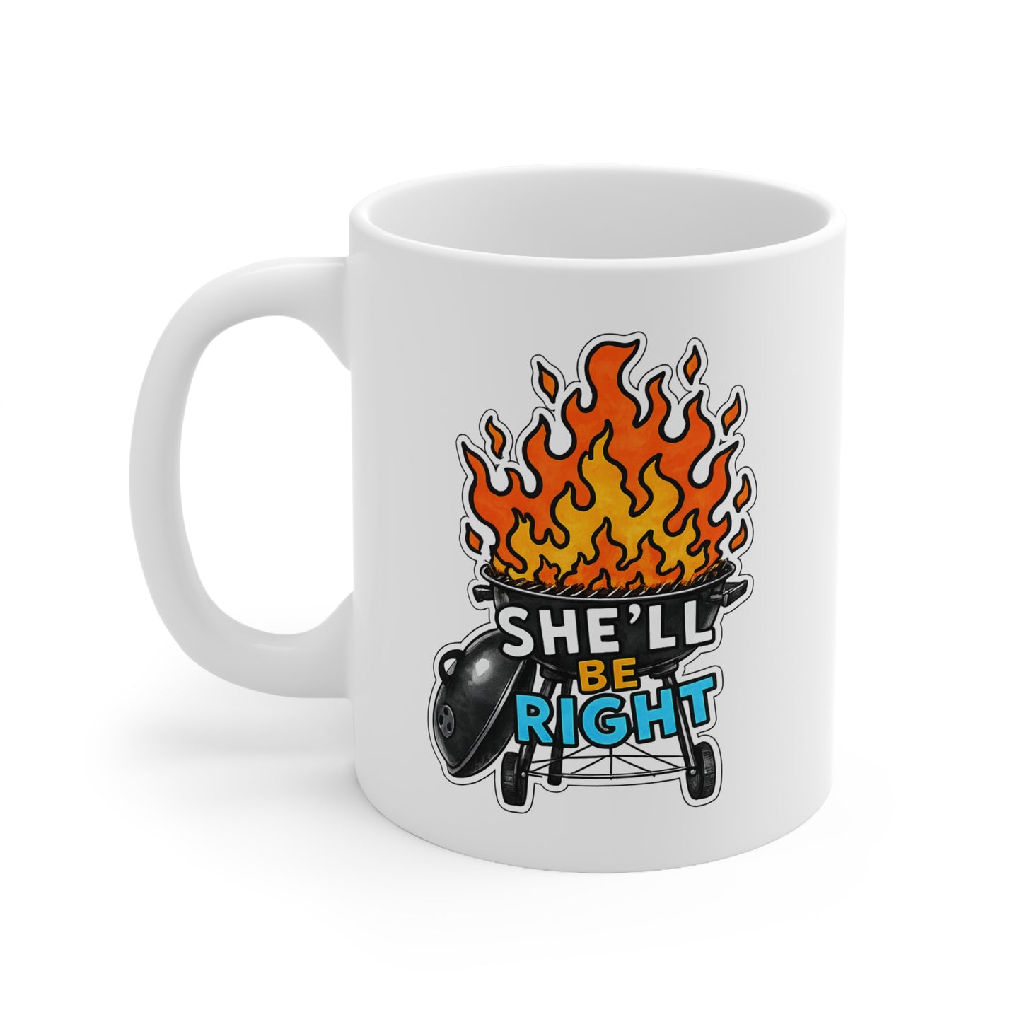 Ceramic Mug — "She'll Be Right" BBQ Grill with Flames