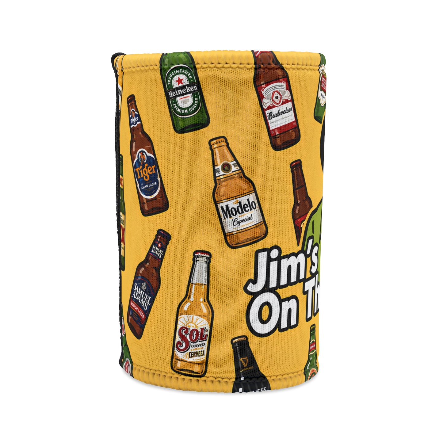 Stubby Cooler — "Jim's On The Beers" Beer Bottle Pattern Can Cooler