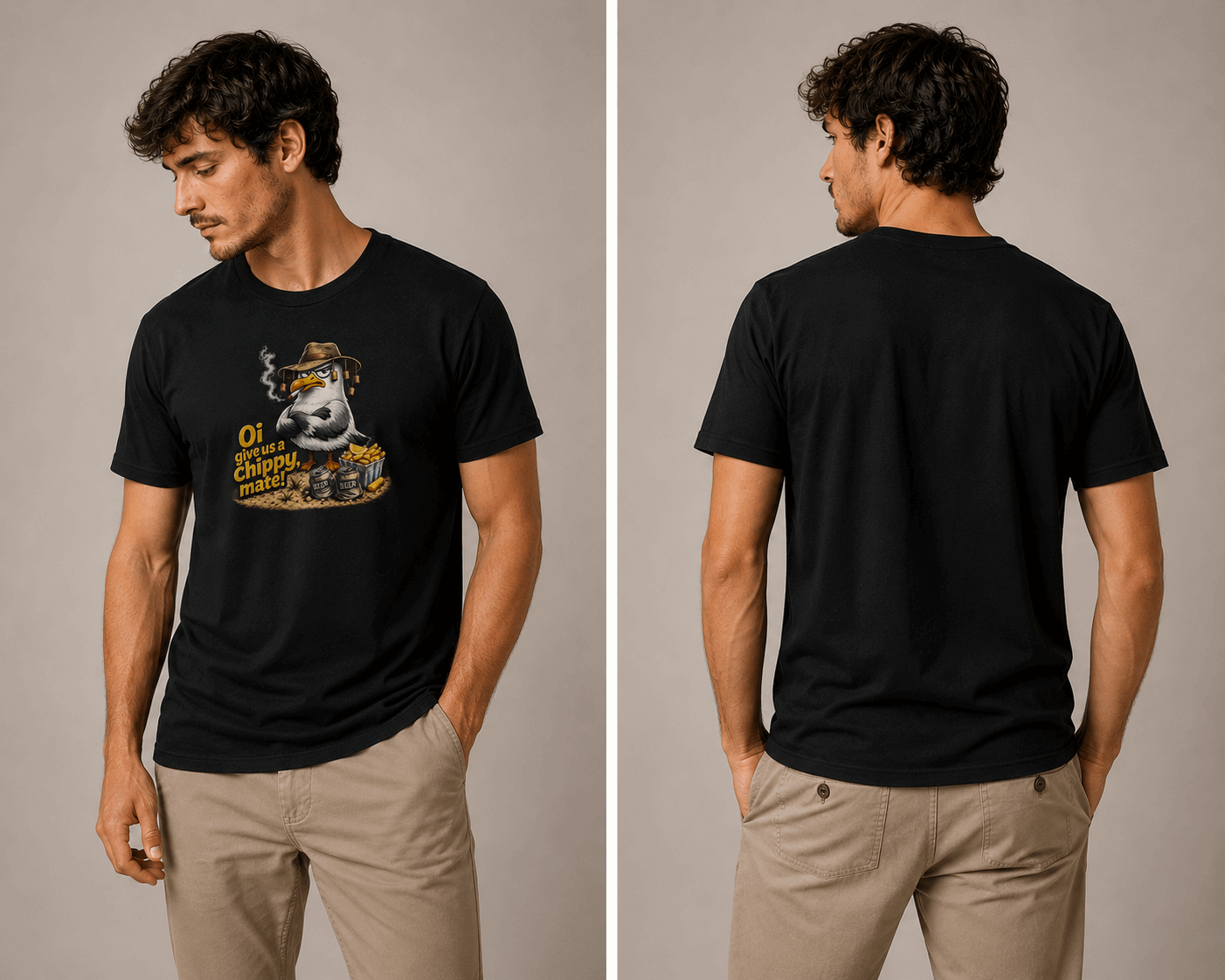 Seagull Stealing Chips T-Shirt — "Oi! Give Us a Chip!" Graphic Tee