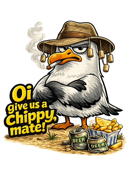 Seagull Stealing Chips T-Shirt — "Oi! Give Us a Chip!" Graphic Tee