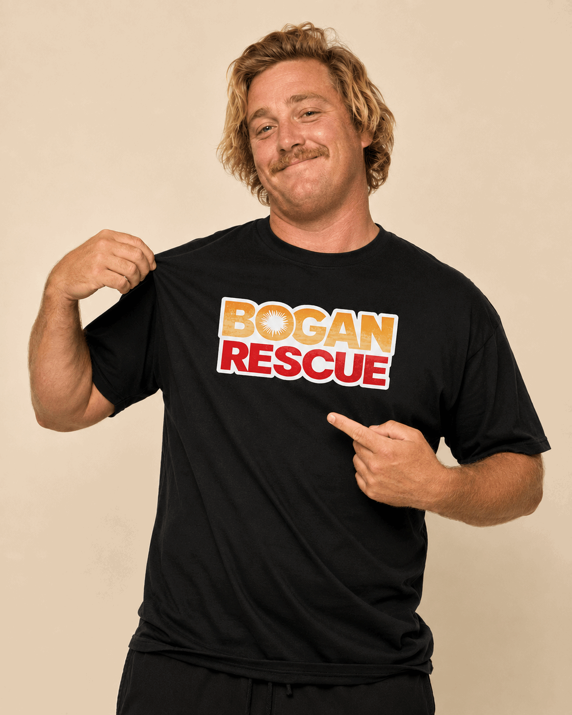 Bogan Rescue Graphic Tee — Bold Retro Text Shirt