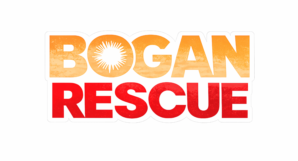 Bogan Rescue Graphic Tee — Bold Retro Text Shirt