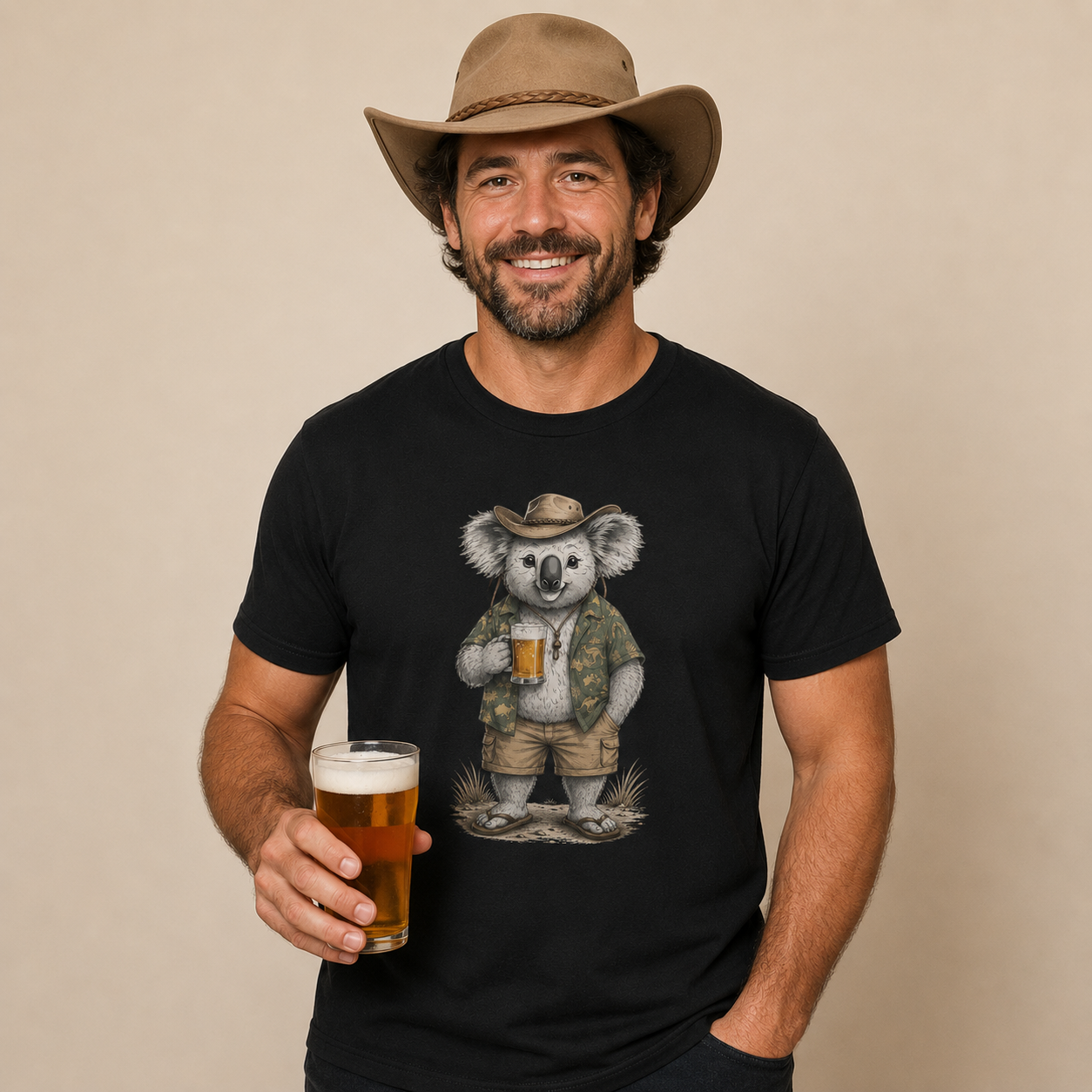 Koala with Beer T‑Shirt — Casual Aussie Wildlife Tee