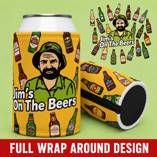 Stubby Cooler — "Jim's On The Beers" Beer Bottle Pattern Can Cooler