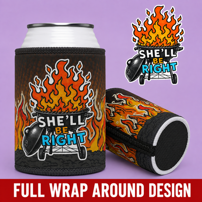 She'll Be Right Flaming Grill Stubby Cooler — Funny BBQ Stubby Holder