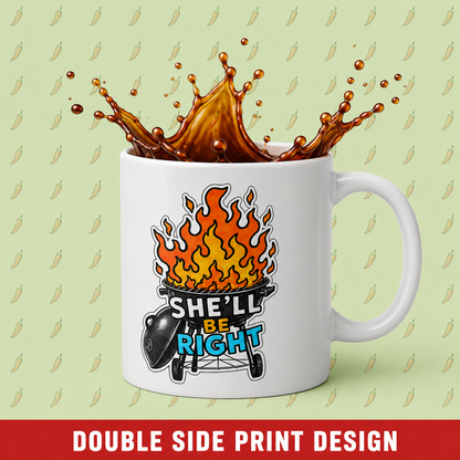 Ceramic Mug — "She'll Be Right" BBQ Grill with Flames