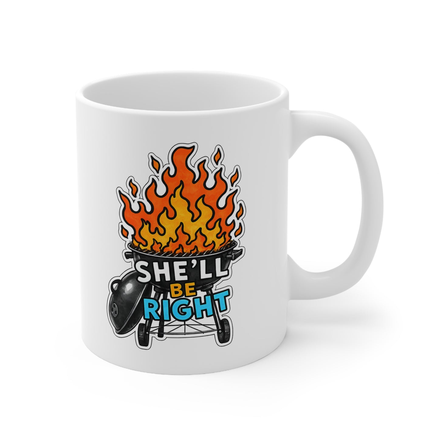 Ceramic Mug — "She'll Be Right" BBQ Grill with Flames