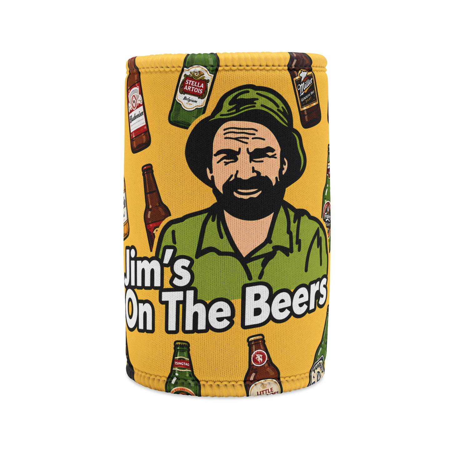 Stubby Cooler — "Jim's On The Beers" Beer Bottle Pattern Can Cooler