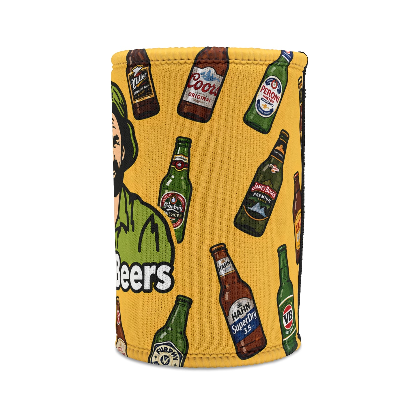 Stubby Cooler — "Jim's On The Beers" Beer Bottle Pattern Can Cooler