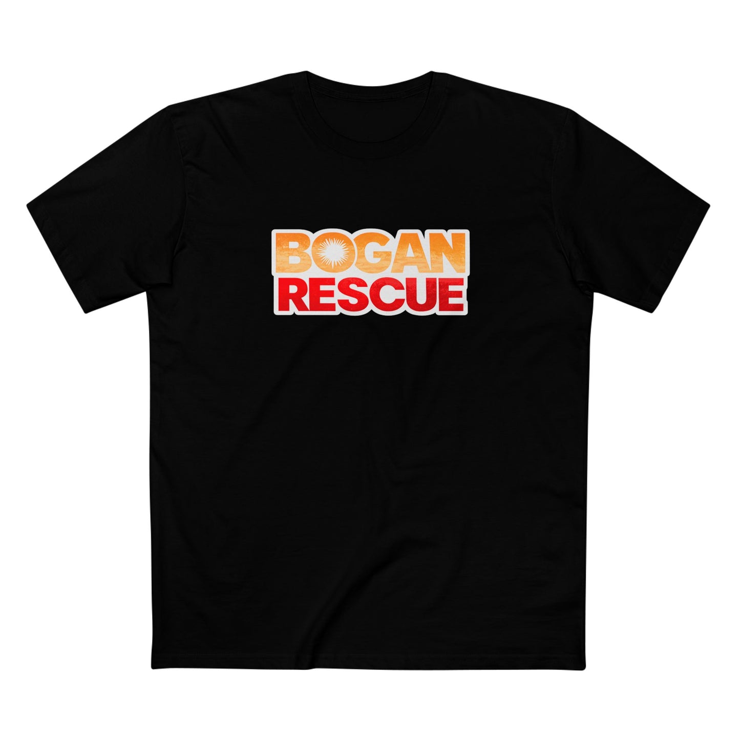 Bogan Rescue Graphic Tee — Bold Retro Text Shirt